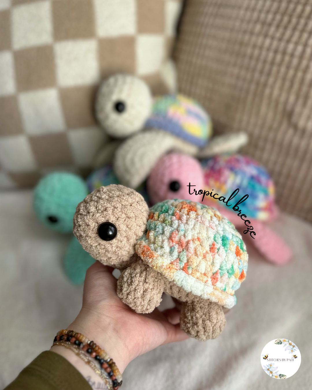 Green, Orange, & Tan Tie Dye Tortoise - Crochet Plushie