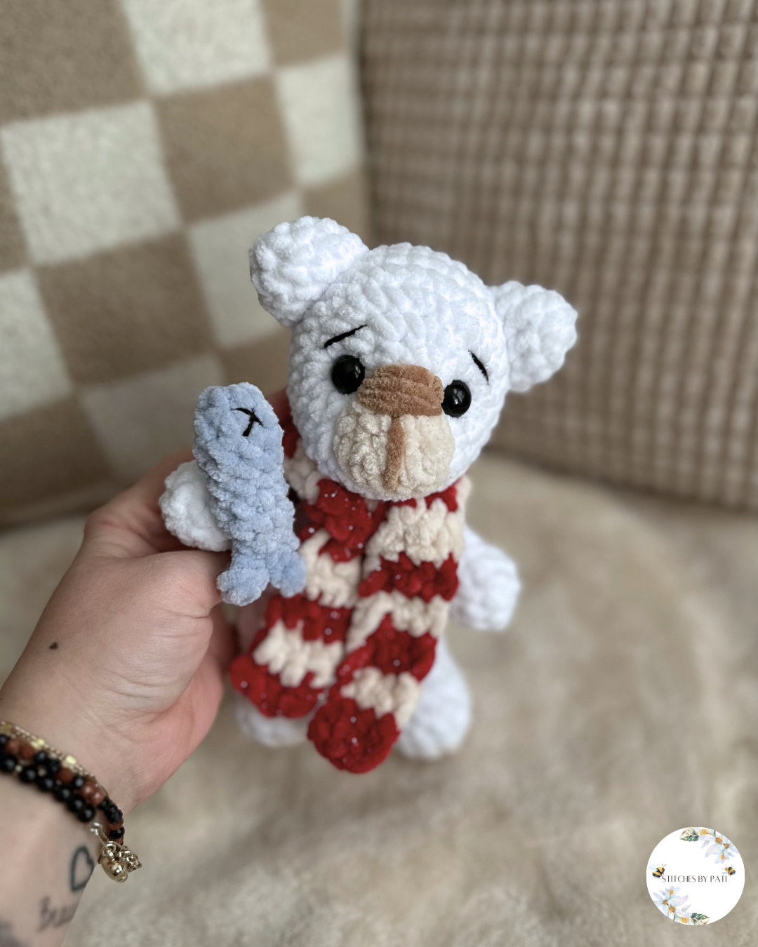 A Cozy Polar Bear with Sardine Fish & Scarf - Theo the Teddy Bear - Crochet Plushie