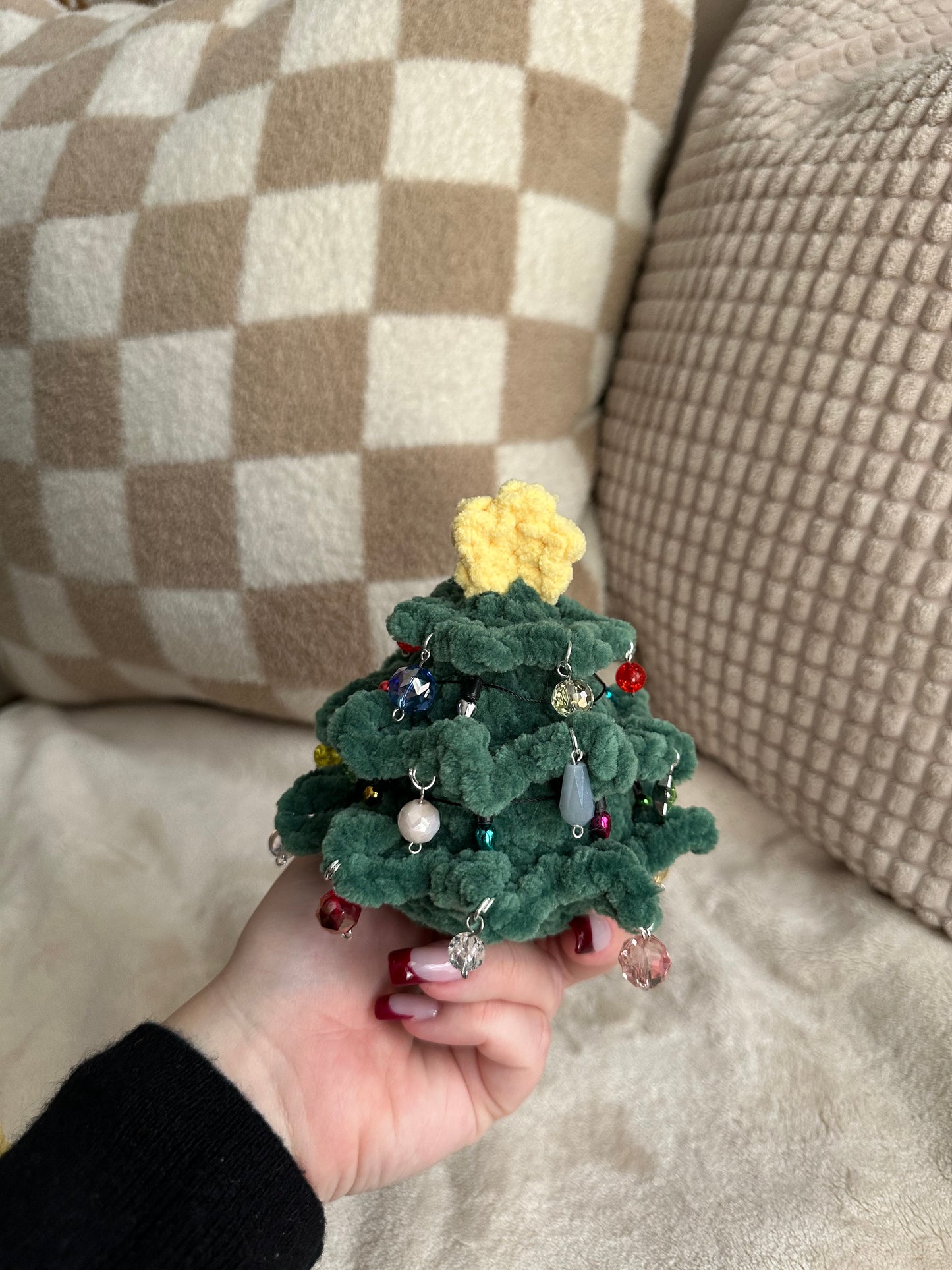 Dark Green Christmas Tree with Faux Lights and Bead Ornaments - Crochet Christmas Tree