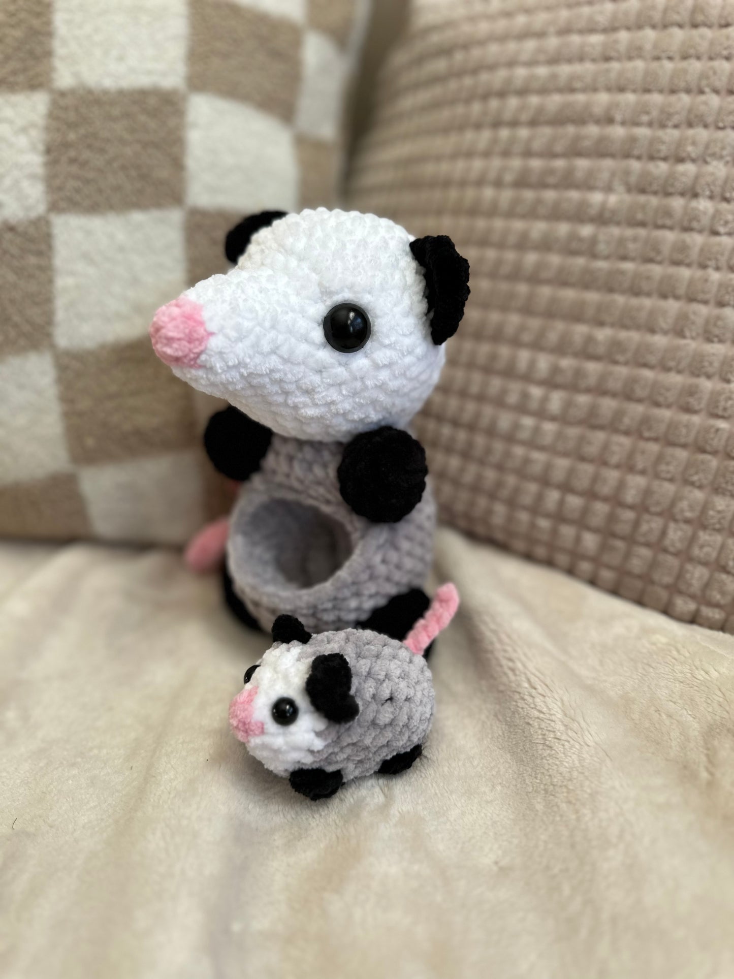 Opossum Mama & Baby in Pouch - Crochet Plushies