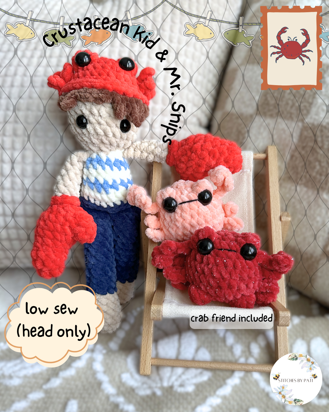 Crustacean Kid & Mr. Snips! - LOW SEW! Crochet Pattern - 2in1 Pattern - Doll & Mini Crab
