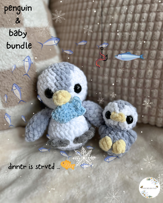 Puddles the Penguin & Baby Penguin Bundle - Grey & White - Crochet Plushie