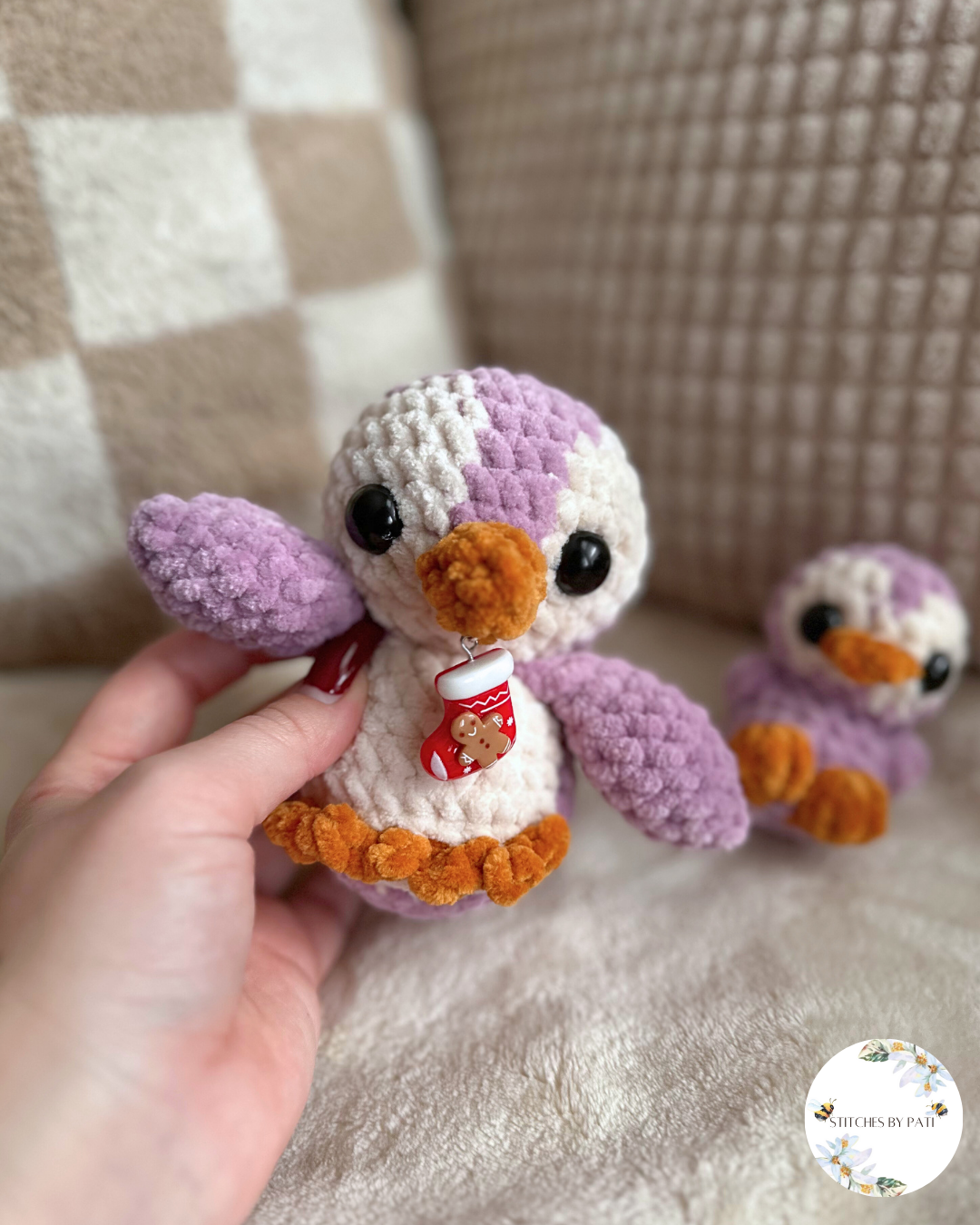 Puddles the Penguin & Baby Penguin Bundle - Mauve & White - Crochet Plushie
