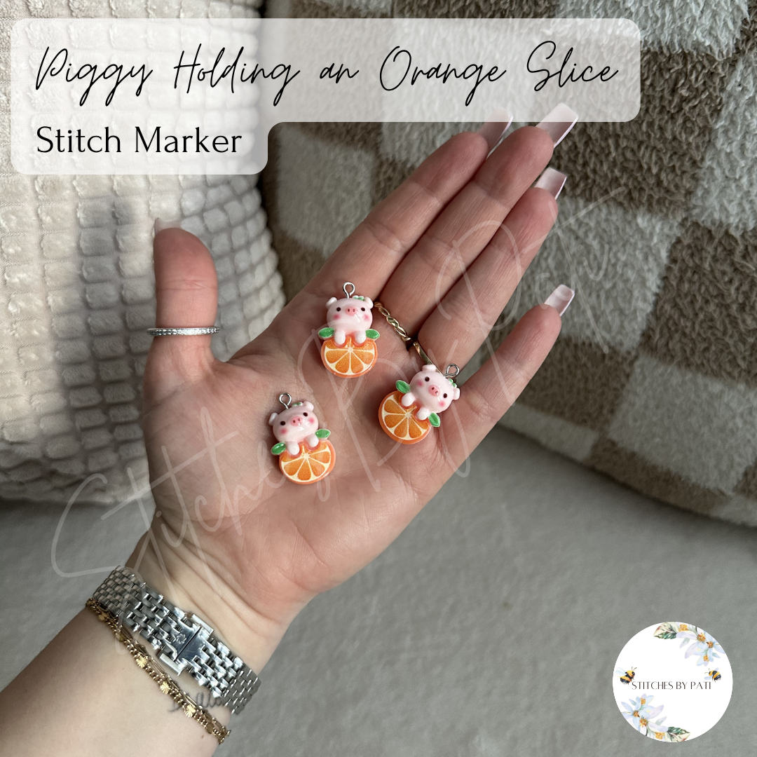Custom Piggy on an Orange Slice Stitch Marker/Zipper Charm - Lobster Clasp - Crochet/Knitting