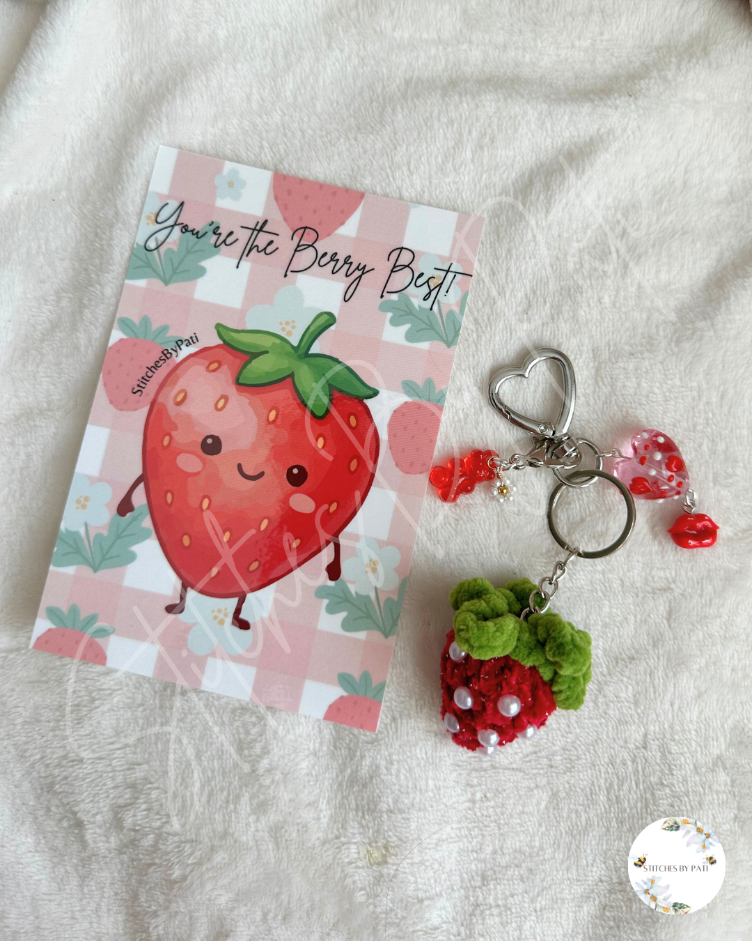 Strawberry Bag Charm (with Pearls) & Valentine's Day Card Bundle - Crocheted & Beaded Keychain Accessory