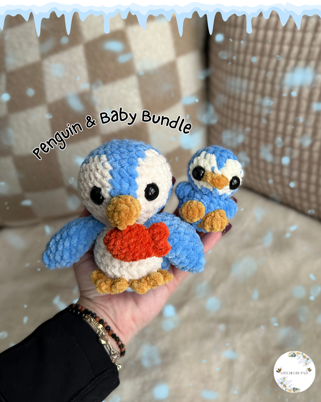 Puddles the Penguin & Baby Penguin Bundle - Blue & White  - Crochet Plushie
