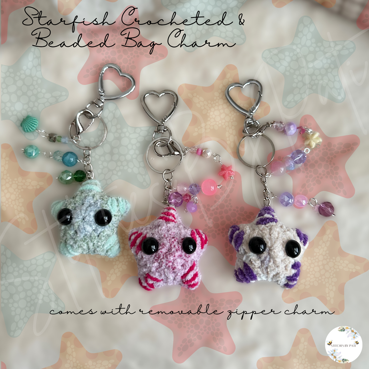 Beaded & Crocheted Starfish/Sea Star Bag Charm with Removable Shell or Star Zipper Charm - Beaded Keychain Accessory