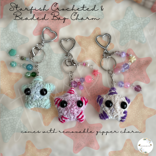 Beaded & Crocheted Starfish/Sea Star Bag Charm with Removable Shell or Star Zipper Charm - Beaded Keychain Accessory