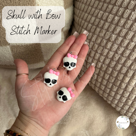 Custom Skull with Bow Stitch Marker/Zipper Charm - Lobster Clasp - Crochet/Knitting