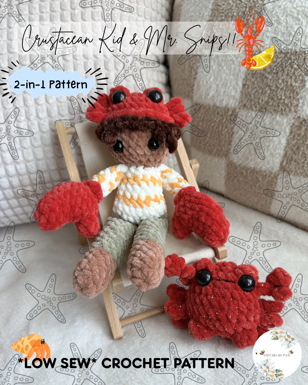 Crustacean Kid & Mr. Snips! - LOW SEW! Crochet Pattern - 2in1 Pattern - Doll & Mini Crab