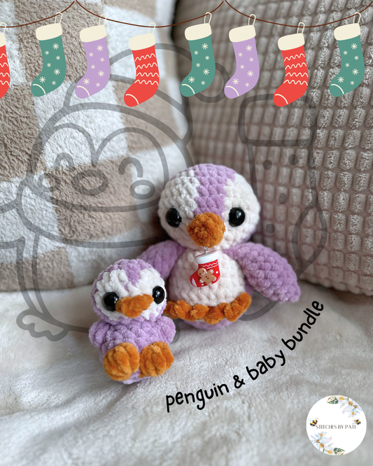 Puddles the Penguin & Baby Penguin Bundle - Mauve & White - Crochet Plushie