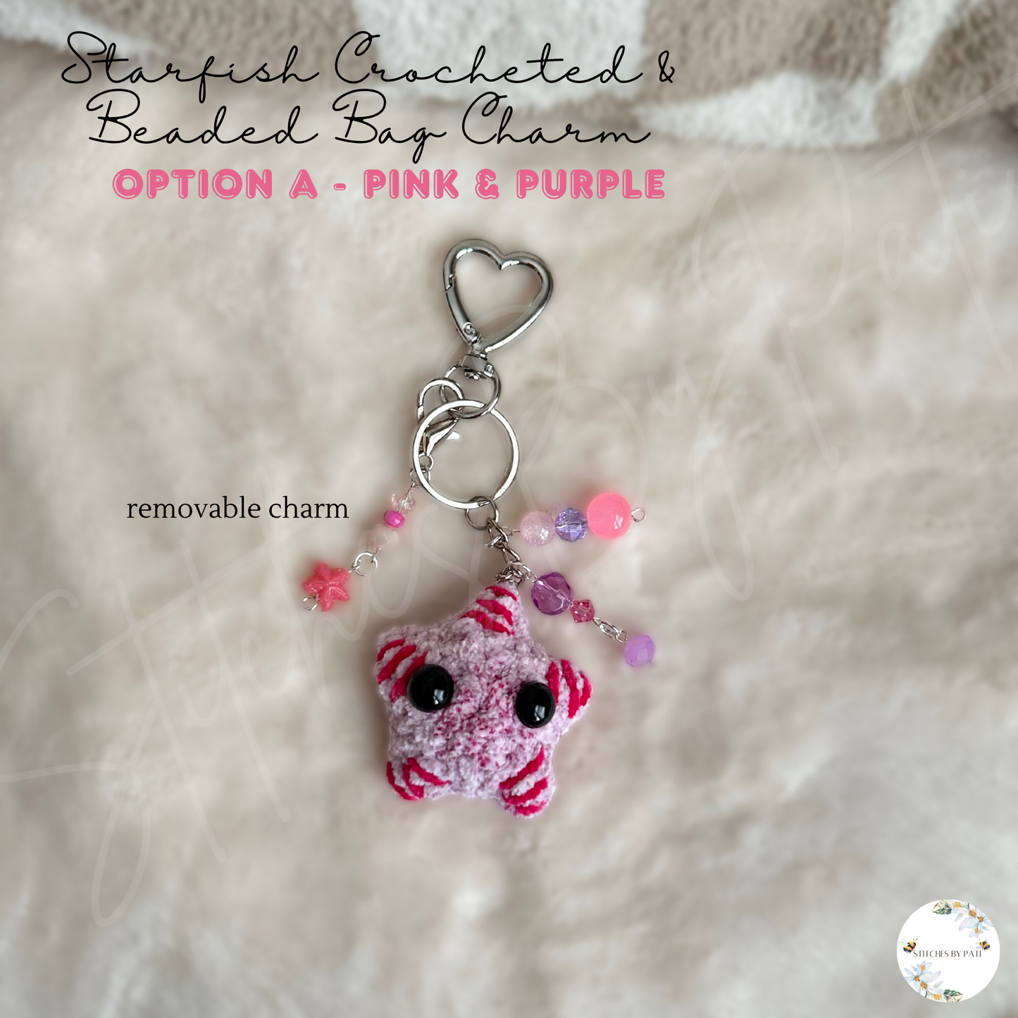 Beaded & Crocheted Starfish/Sea Star Bag Charm with Removable Shell or Star Zipper Charm - Beaded Keychain Accessory