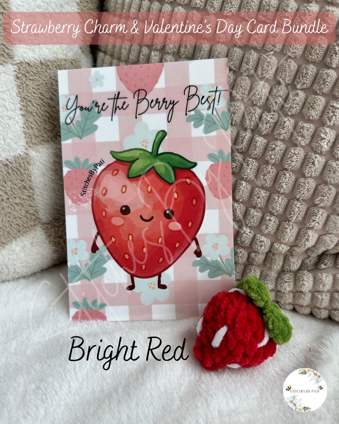 Strawberry Charm Gift Set - Charm  & Valentine's Day Card - Crochet Charm