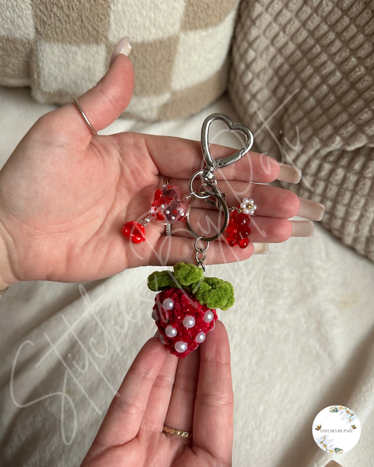 Strawberry Bag Charm (with Pearls) & Valentine's Day Card Bundle - Crocheted & Beaded Keychain Accessory