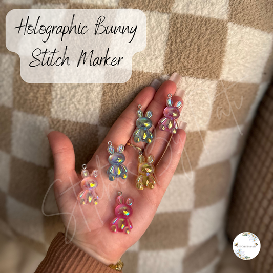 Custom Holographic Bunny Stitch Marker/Zipper Charm - Lobster Clasp - Crochet/Knitting