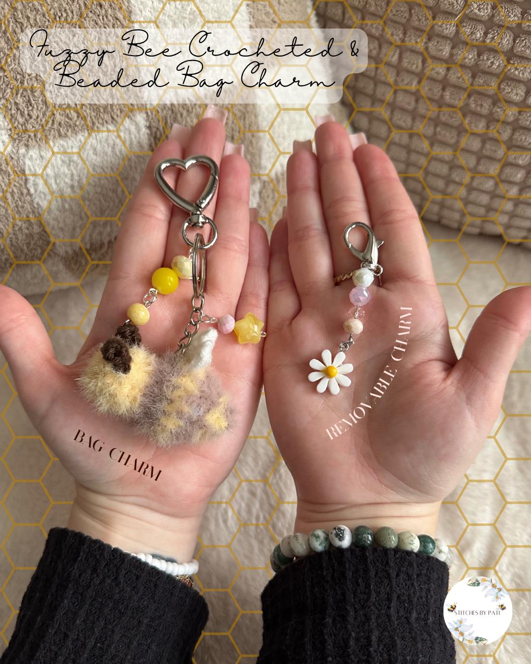 Beaded & Crocheted Fuzzy Bee Bag Charm with Removable Flower Zipper Charm - Beaded Keychain Accessory