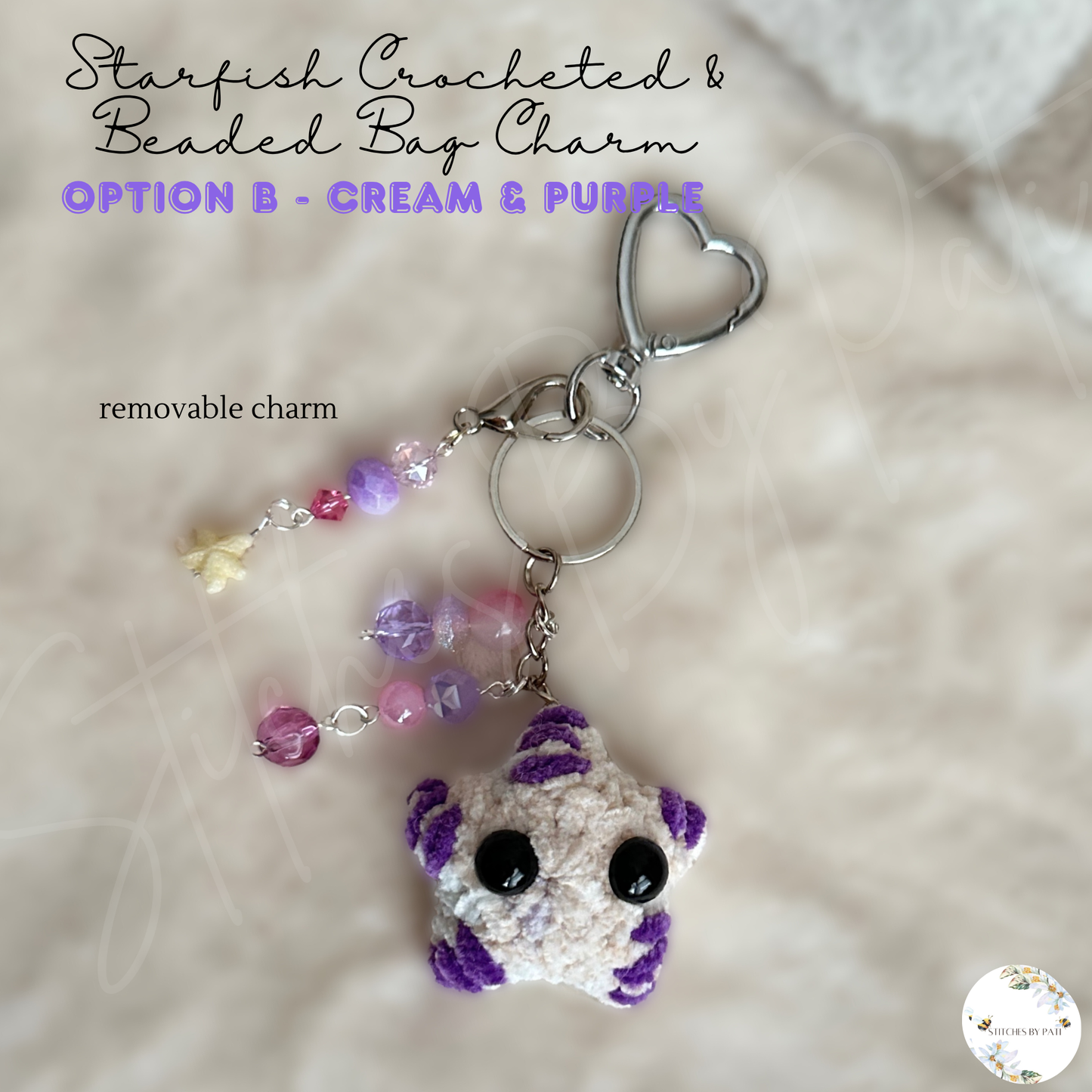Beaded & Crocheted Starfish/Sea Star Bag Charm with Removable Shell or Star Zipper Charm - Beaded Keychain Accessory
