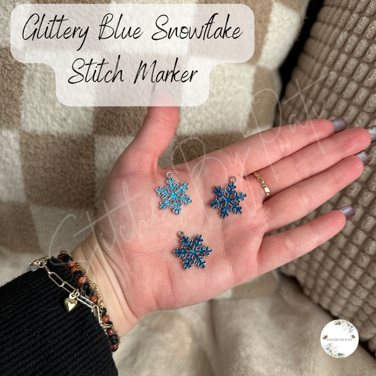 Custom Glittery Blue Snowflake Stitch Marker/Zipper Charm - Lobster Clasp - Crochet/Knitting