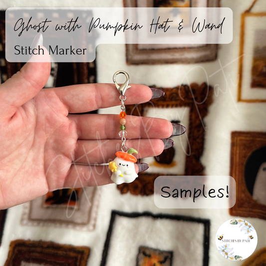 Ghost with Pumpkin Hat & Wand Stitch Marker/Zipper Charm - Lobster Clasp - Crochet/Knitting \