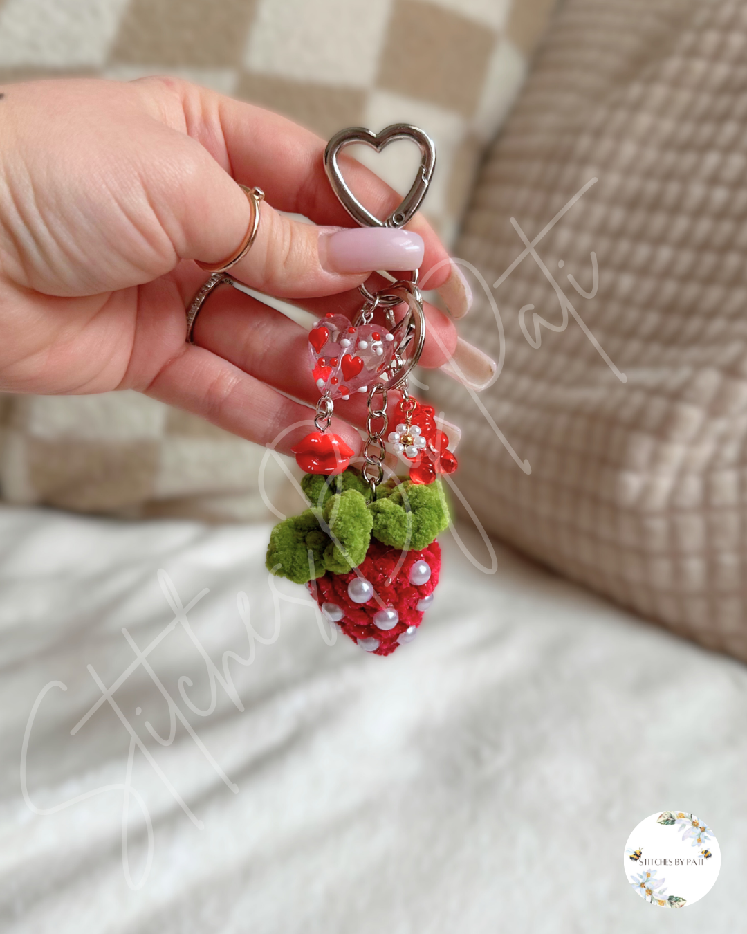 Strawberry Bag Charm (with Pearls) & Valentine's Day Card Bundle - Crocheted & Beaded Keychain Accessory