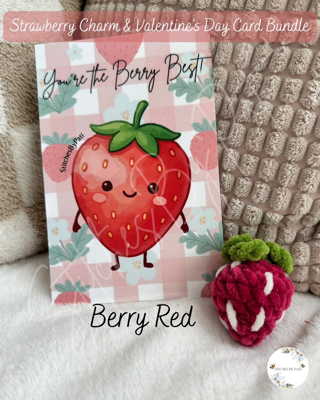 Strawberry Charm Gift Set - Charm  & Valentine's Day Card - Crochet Charm