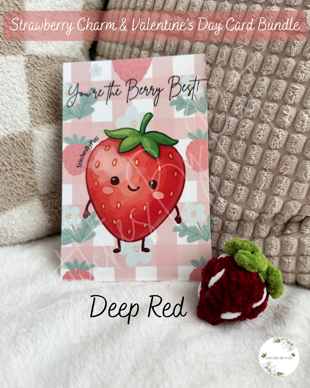 Strawberry Charm Gift Set - Charm  & Valentine's Day Card - Crochet Charm