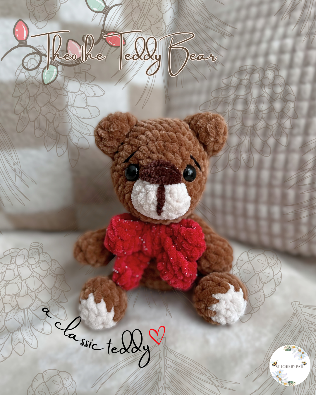 A Classic Teddy Bear with Big Glitter Bow - Theo the Teddy Bear - Crochet Plushie