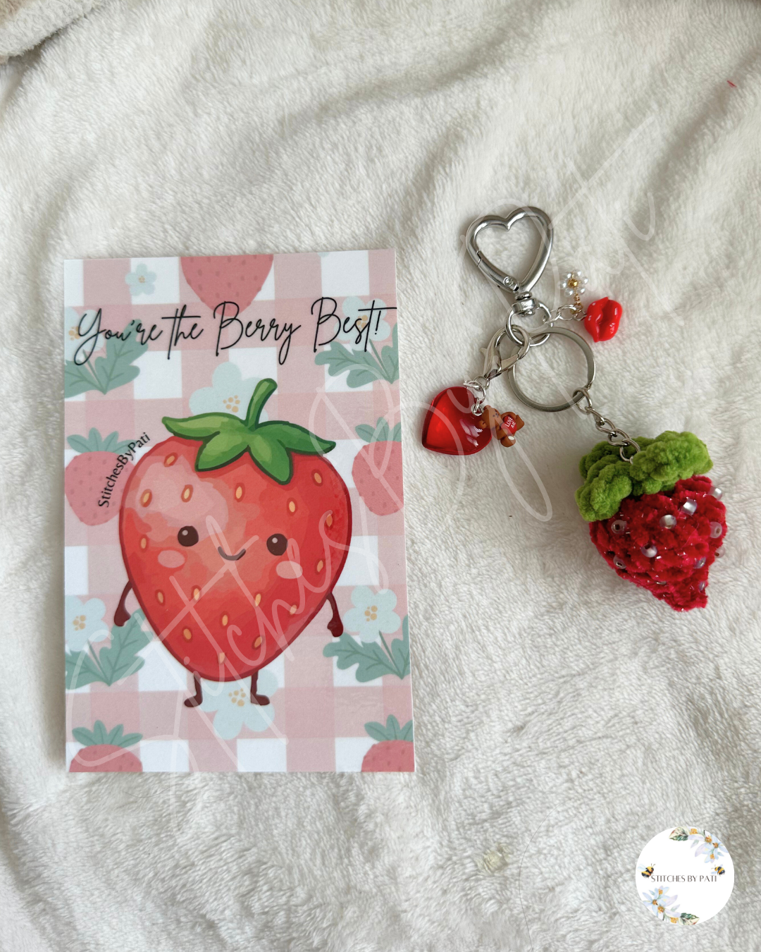 Strawberry Bag Charm (with Beads) & Valentine's Day Card Bundle - Crocheted & Beaded Keychain Accessory
