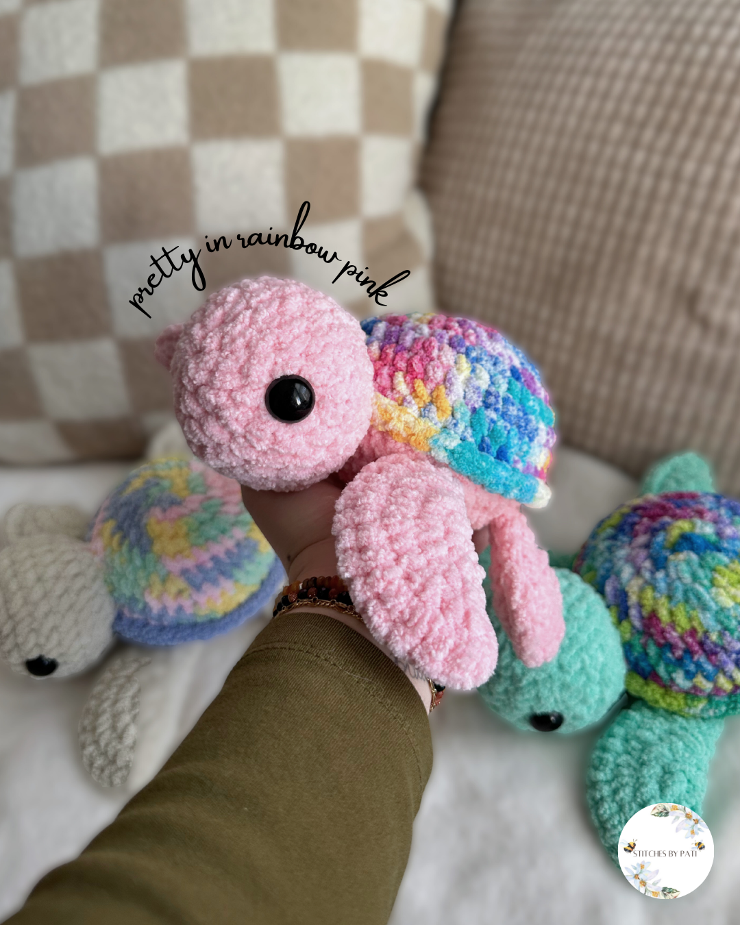 Pretty in Rainbow Pink - Rainbow Tie Dye & Pink Sea Turtle - Crochet Plushie