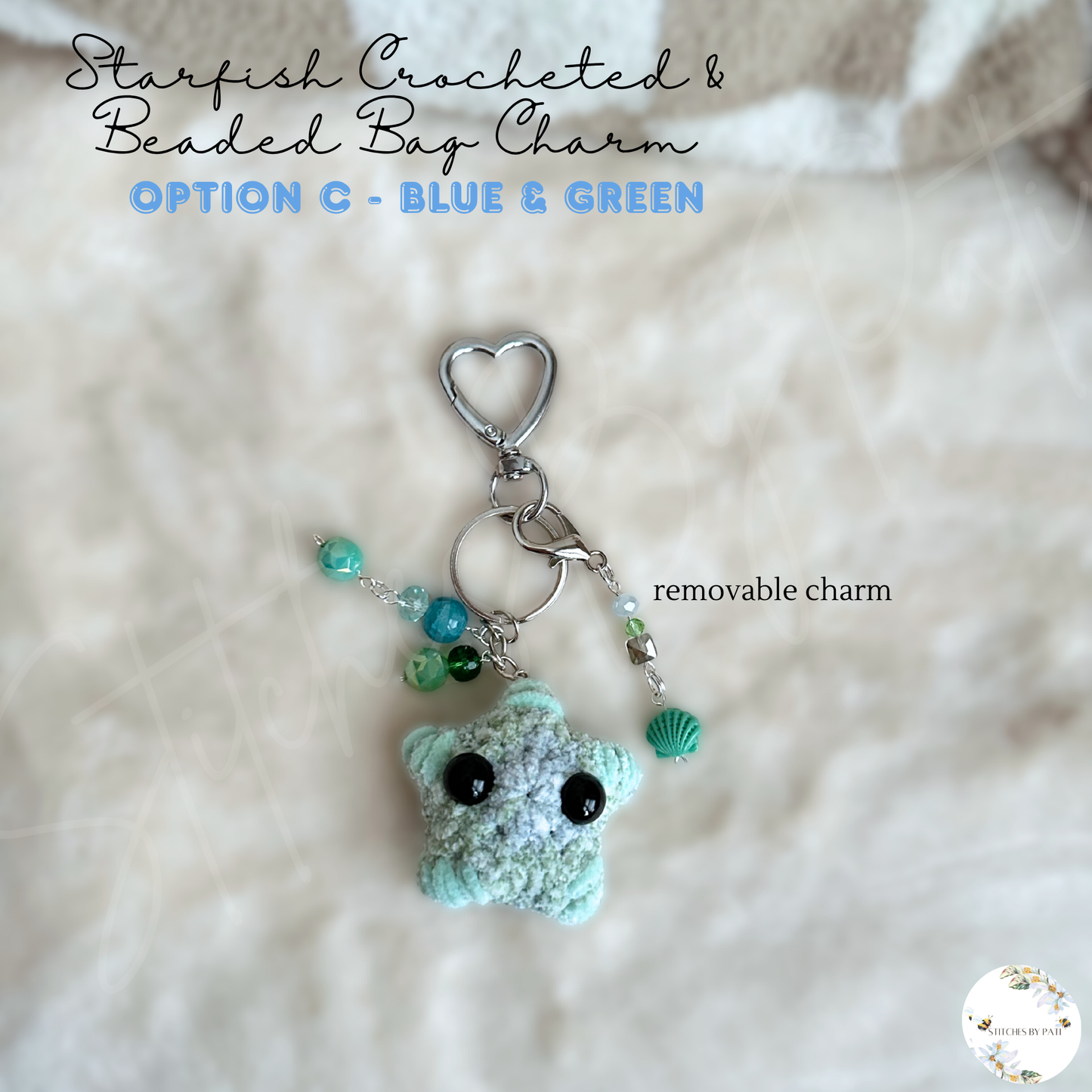 Beaded & Crocheted Starfish/Sea Star Bag Charm with Removable Shell or Star Zipper Charm - Beaded Keychain Accessory