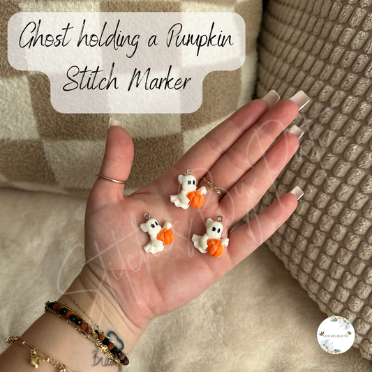Custom Spooky Ghost Holding a Pumpkin Stitch Marker/Zipper Charm - Lobster Clasp - Crochet/Knitting