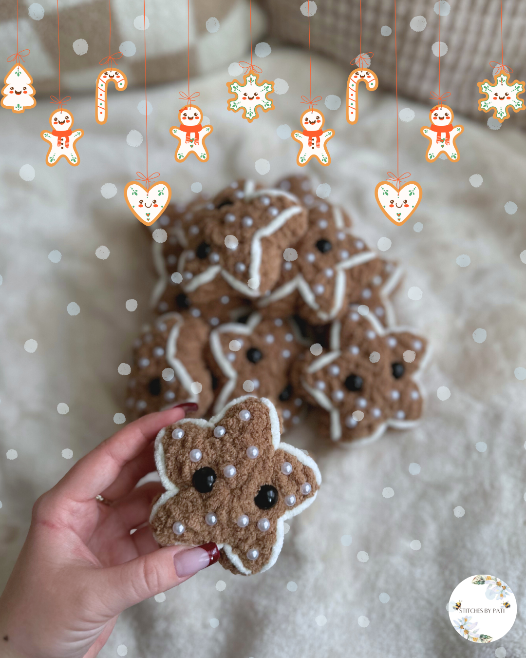 Gingerbread Star Crochet Cookie with Pearl Sprinkles - Crochet Plush