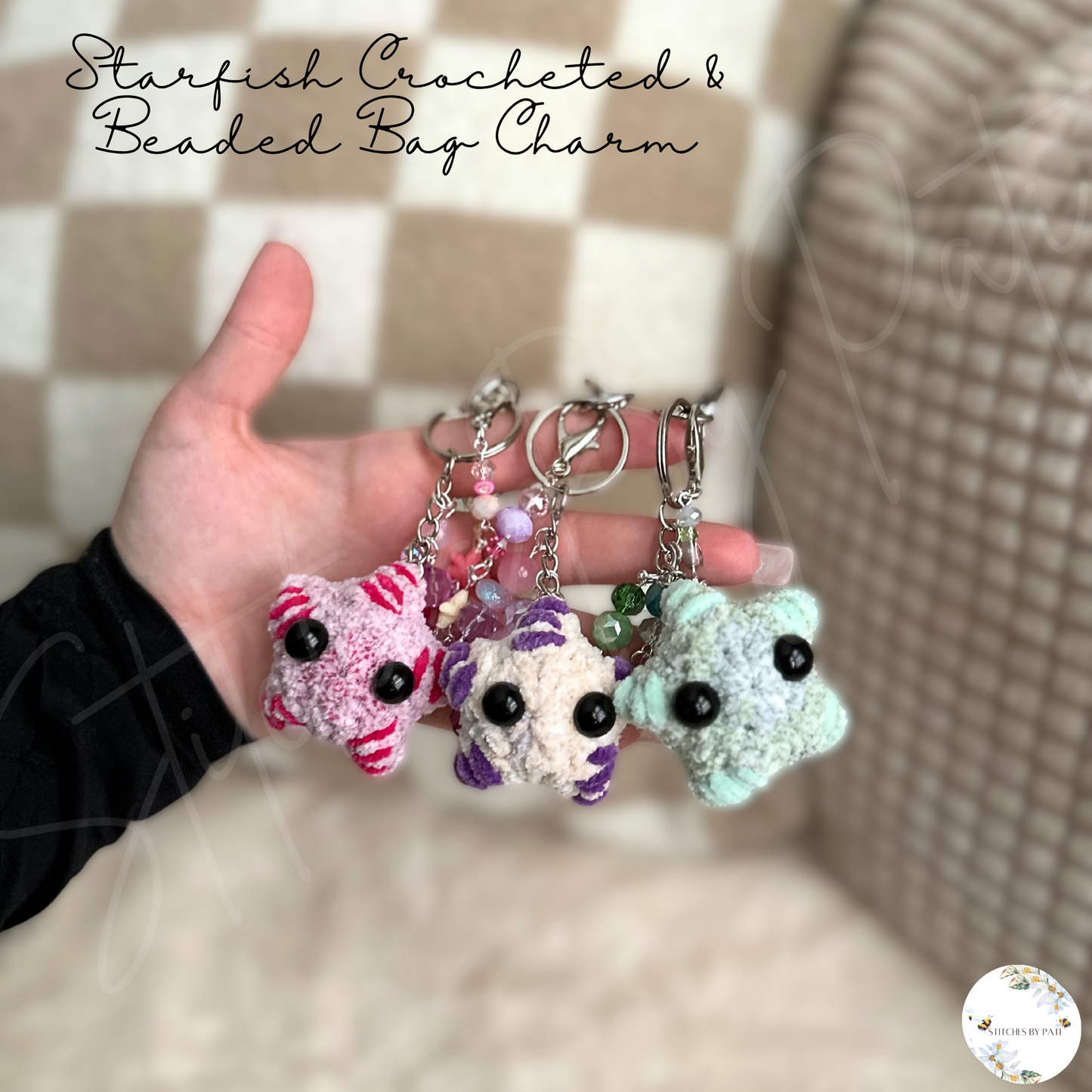 Beaded & Crocheted Starfish/Sea Star Bag Charm with Removable Shell or Star Zipper Charm - Beaded Keychain Accessory