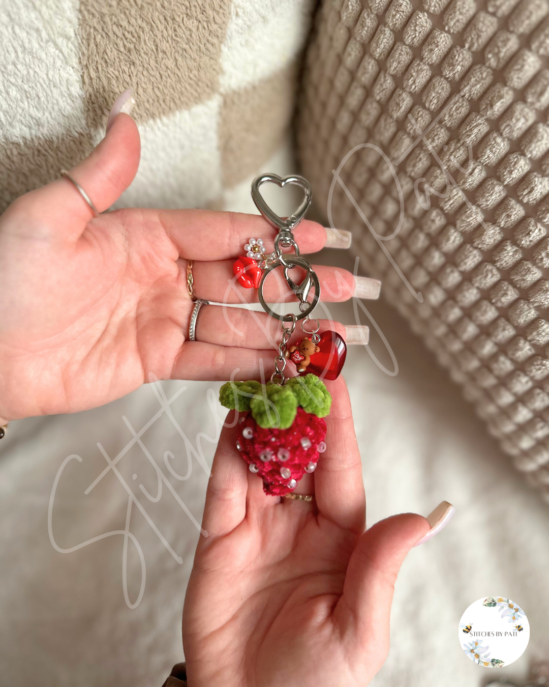 Strawberry Bag Charm (with Beads) & Valentine's Day Card Bundle - Crocheted & Beaded Keychain Accessory