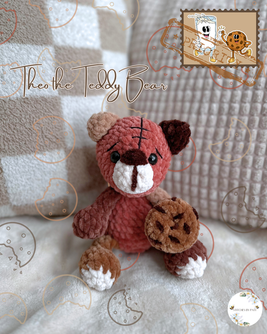 A Patchling Bear Holding a Cookie - Theo the Teddy Bear - Crochet Plushie