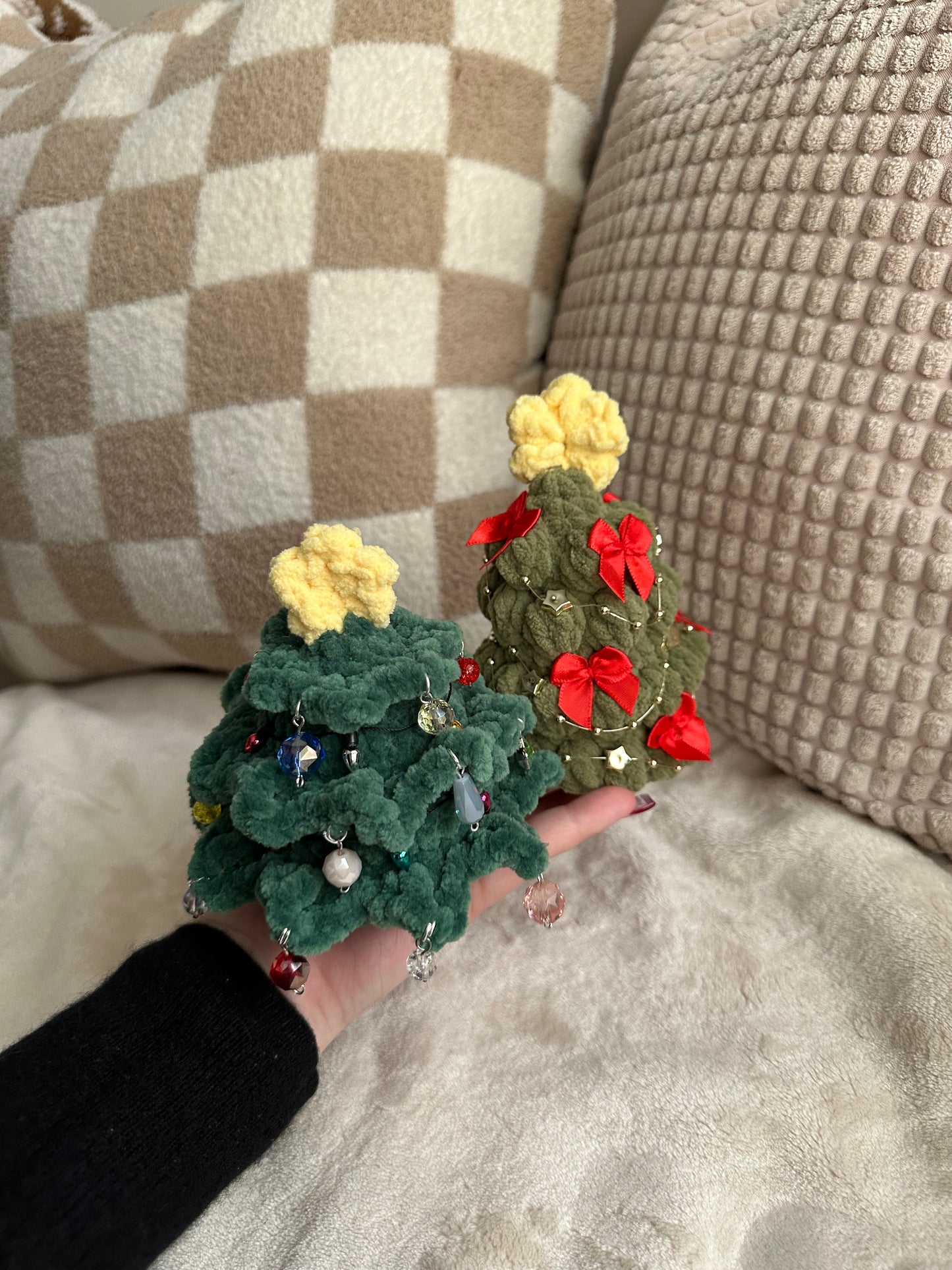 Dark Green Christmas Tree with Faux Lights and Bead Ornaments - Crochet Christmas Tree