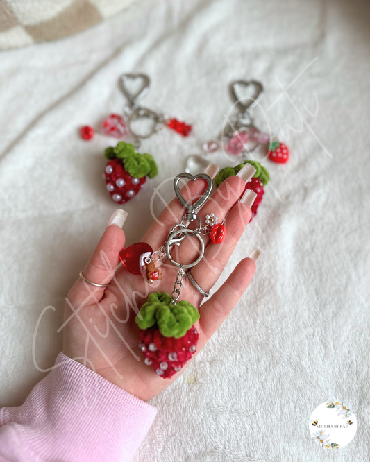 Strawberry Bag Charm (with Beads) & Valentine's Day Card Bundle - Crocheted & Beaded Keychain Accessory