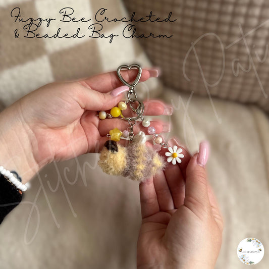 Beaded & Crocheted Fuzzy Bee Bag Charm with Removable Flower Zipper Charm - Beaded Keychain Accessory