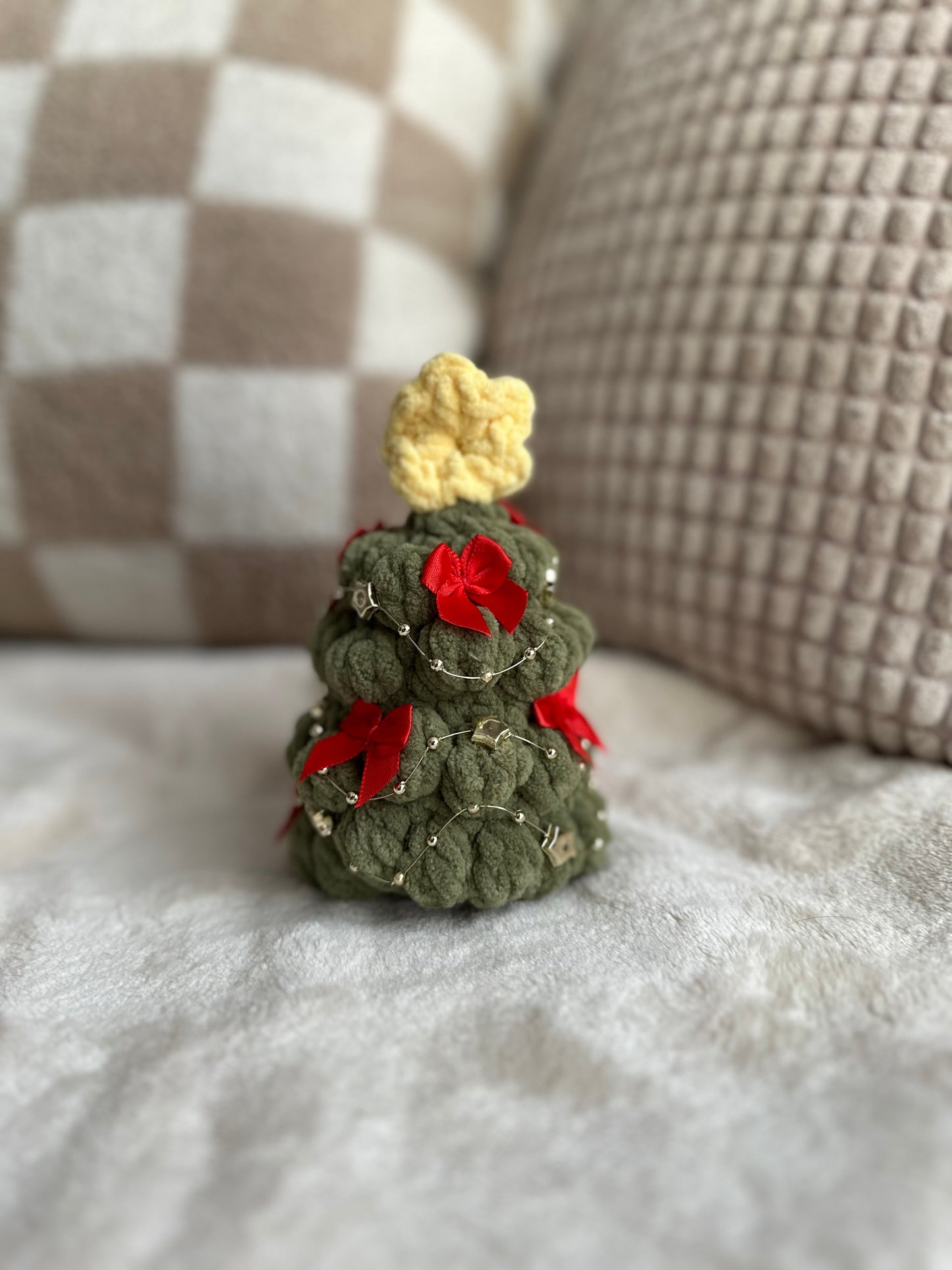 Olive Green Christmas Tree with Red Bows & Gold Star Garland - Crochet Christmas Tree