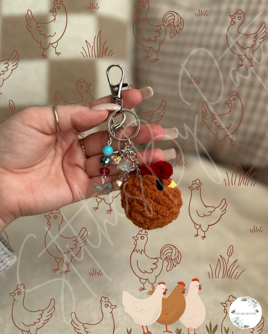 Tiny Chubby Chicken with Beaded Keychain - Orange & Blue