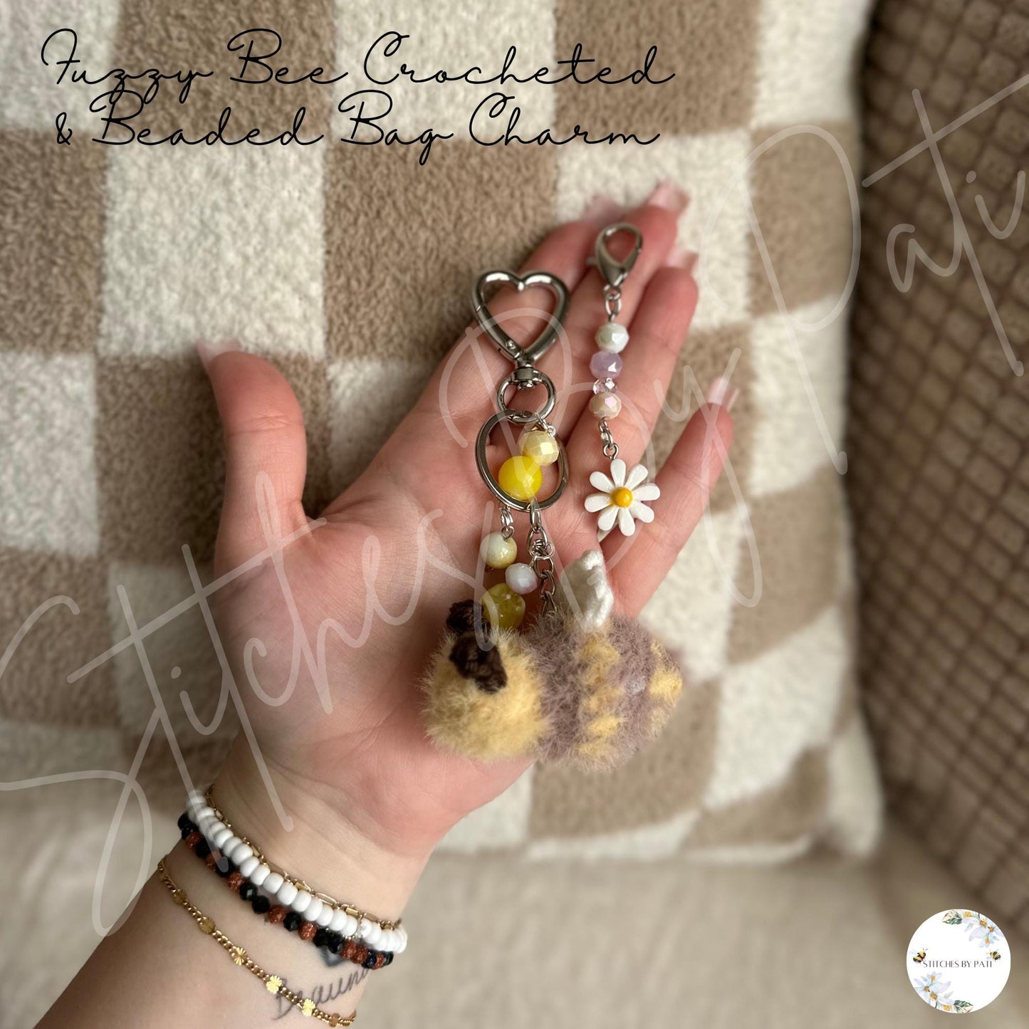 Beaded & Crocheted Fuzzy Bee Bag Charm with Removable Flower Zipper Charm - Beaded Keychain Accessory