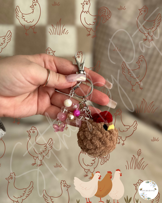 Tiny Chubby Chicken with Beaded Keychain - Brown & Pink