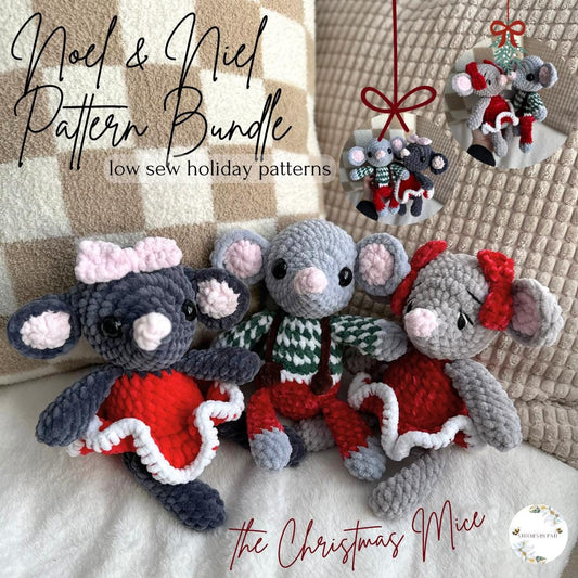 Noel & Neil the Christmas Mice - Mouse Crochet Pattern Bundle - Low Sew Crochet Pattern