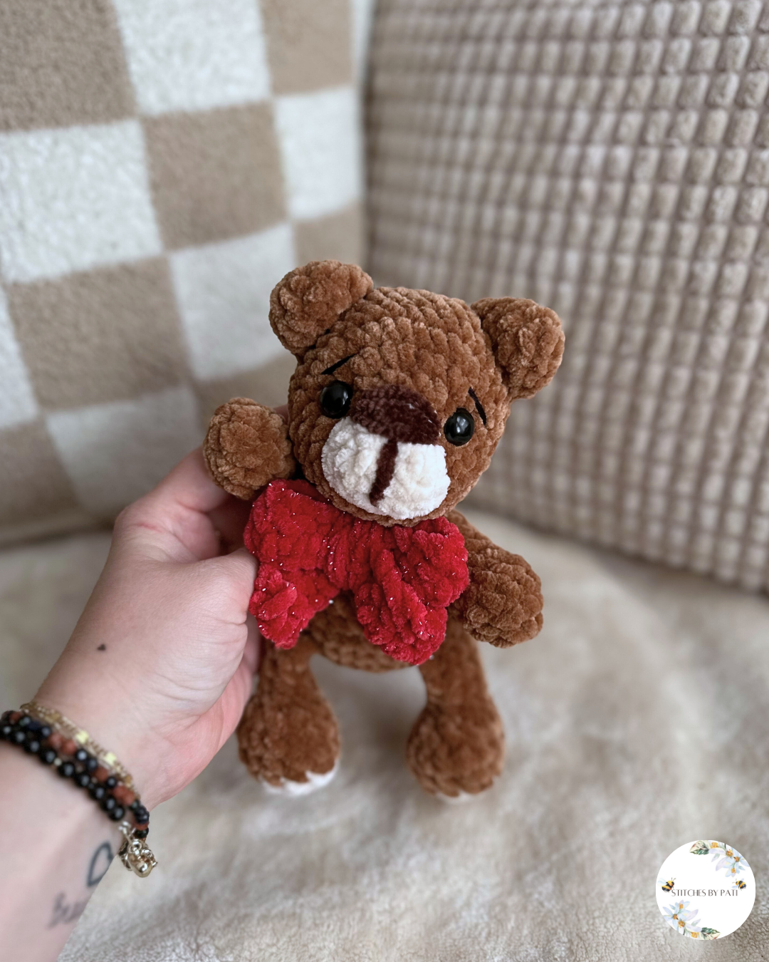 A Classic Teddy Bear with Big Glitter Bow - Theo the Teddy Bear - Crochet Plushie
