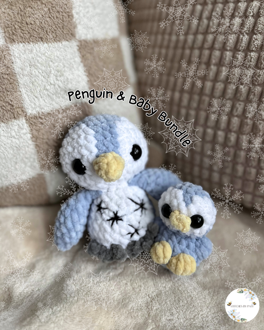 Puddles the Penguin & Baby Penguin Bundle - Baby Blue & White - Crochet Plushie