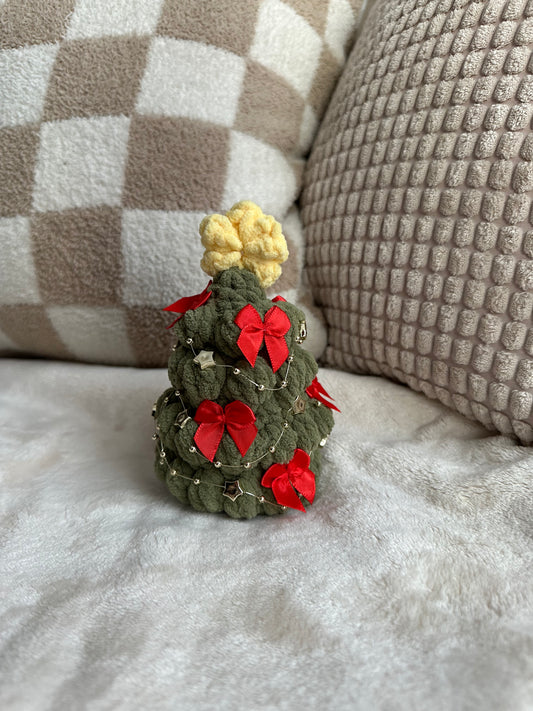 Olive Green Christmas Tree with Red Bows & Gold Star Garland - Crochet Christmas Tree