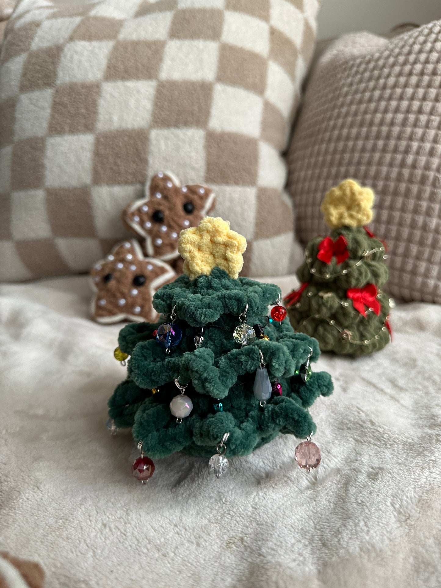 Dark Green Christmas Tree with Faux Lights and Bead Ornaments - Crochet Christmas Tree