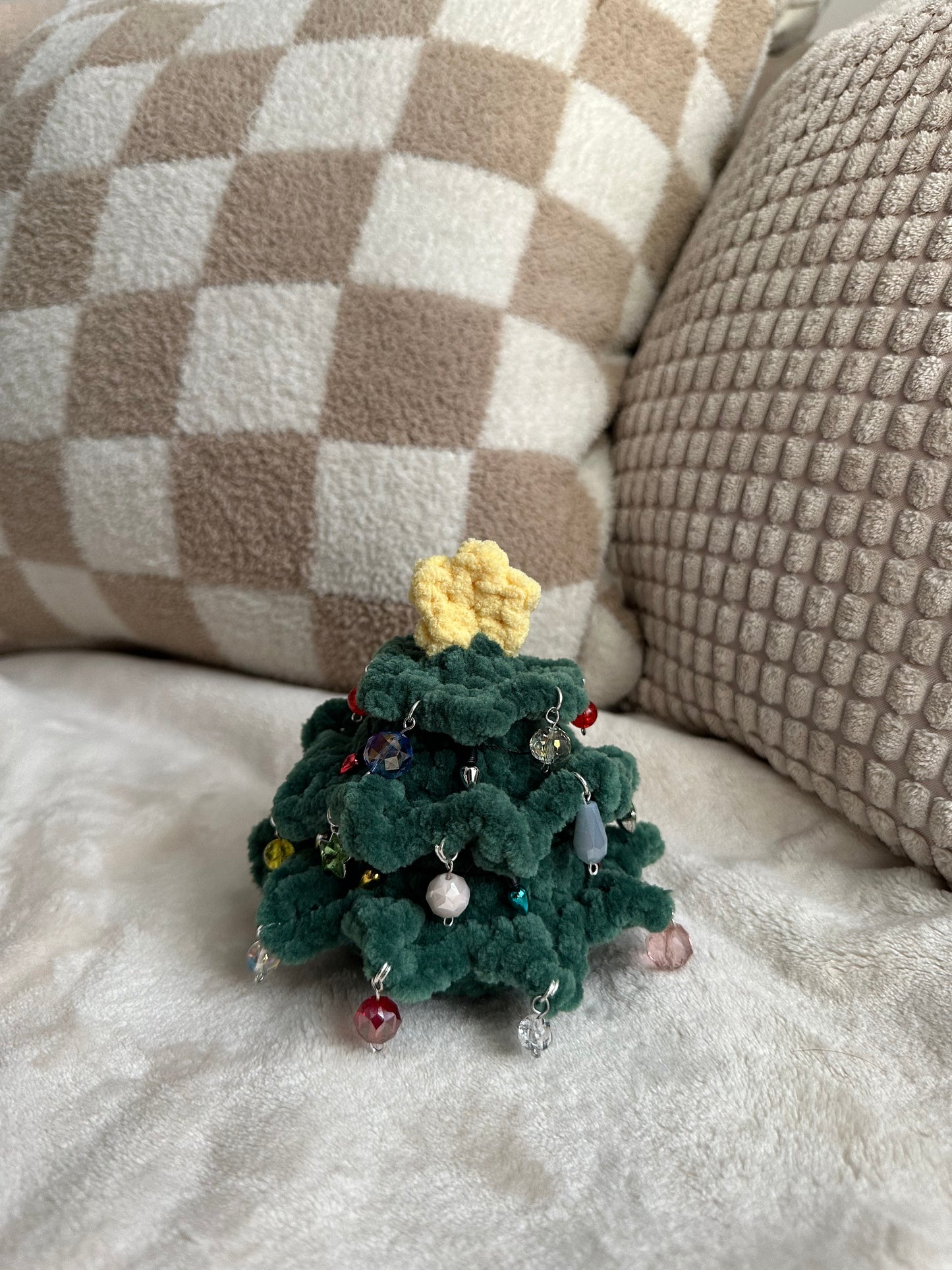 Dark Green Christmas Tree with Faux Lights and Bead Ornaments - Crochet Christmas Tree