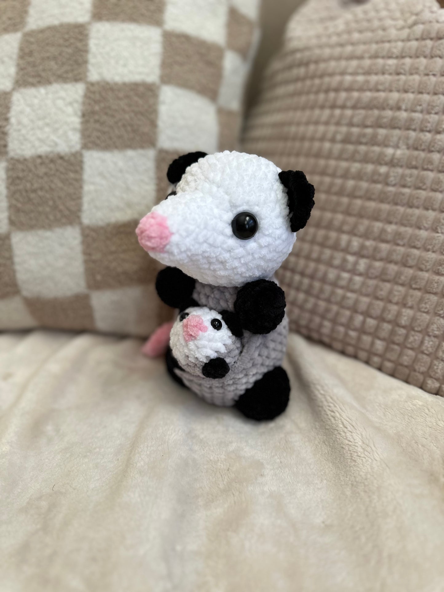 Opossum Mama & Baby in Pouch - Crochet Plushies