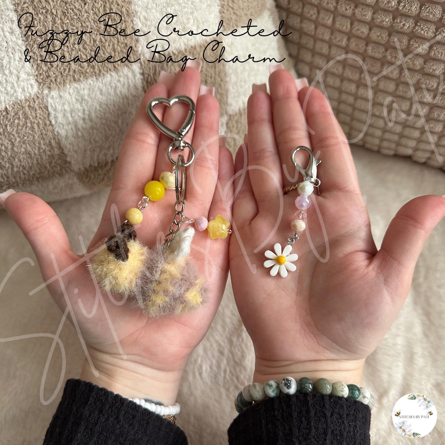 Beaded & Crocheted Fuzzy Bee Bag Charm with Removable Flower Zipper Charm - Beaded Keychain Accessory